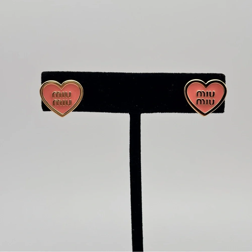 Miu Miu Pink Heart Logo Enamel Gold-Tone Stud Earrings - Picture 2 of 5
